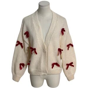 LUNA IVY Red Bow Appliqué Chunky Knit Cardigan Sweater‎ Top Size XS S Oversized